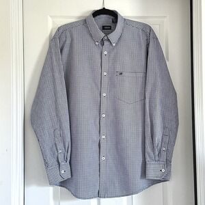 IZOD Gingham Button Down Long Sleeve Dress‎ Shirt Classic Fit Mens L Blue White